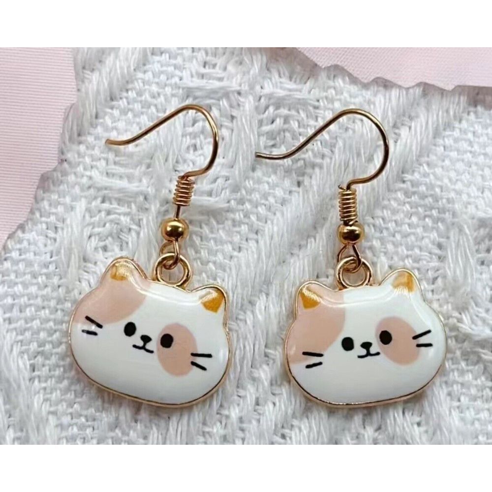 Cat Dangle Earrings Fun‎ Jewelry Gift Brown and White Cat Face New